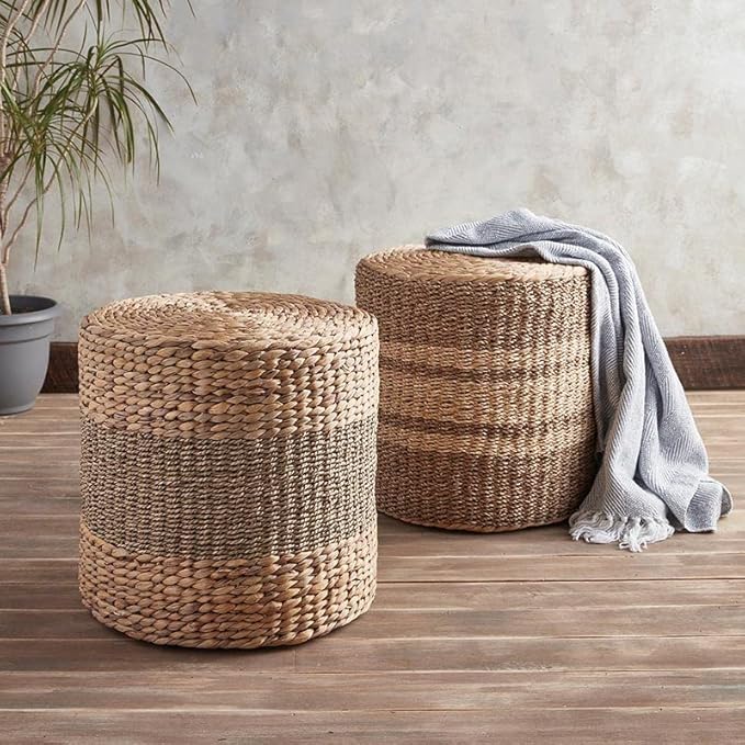 Grey Stripe Cylinder Seagrass Pouf