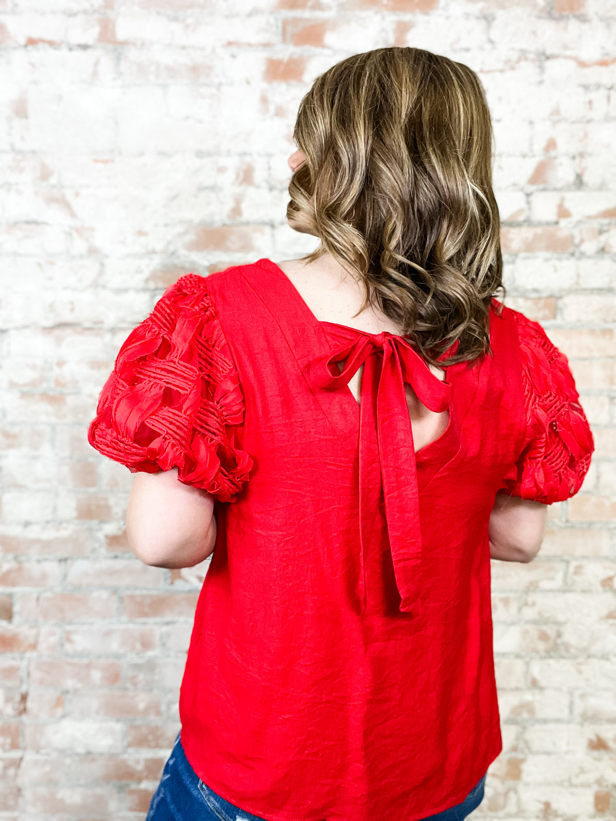 Cherry Red Textured Sleeve Top