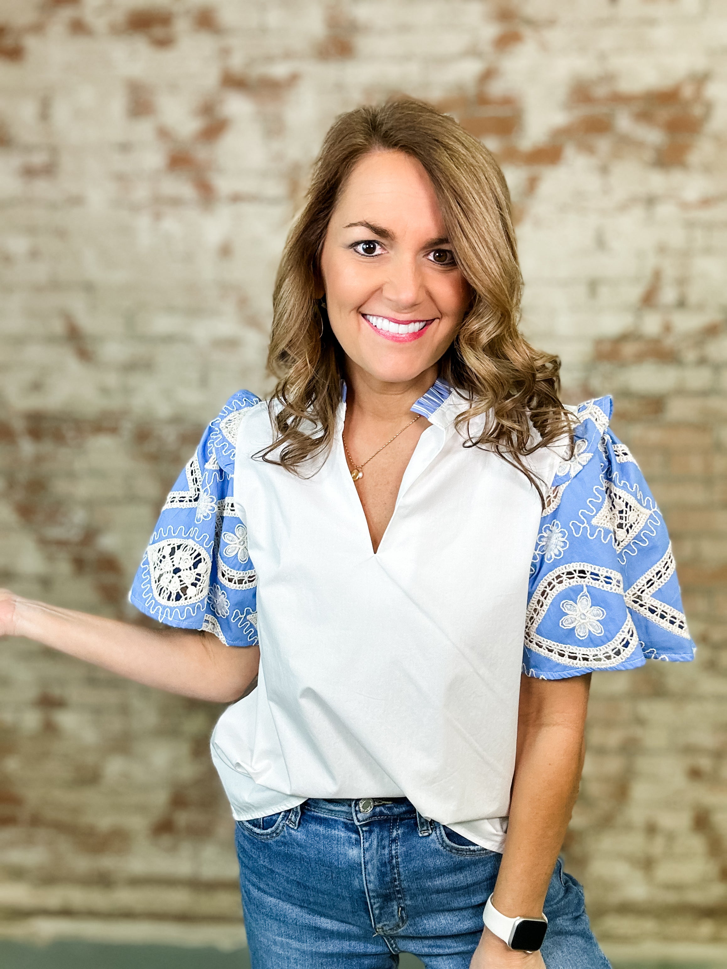 THML Debbie Embroidered Sleeve Poplin Top - FINAL SALE