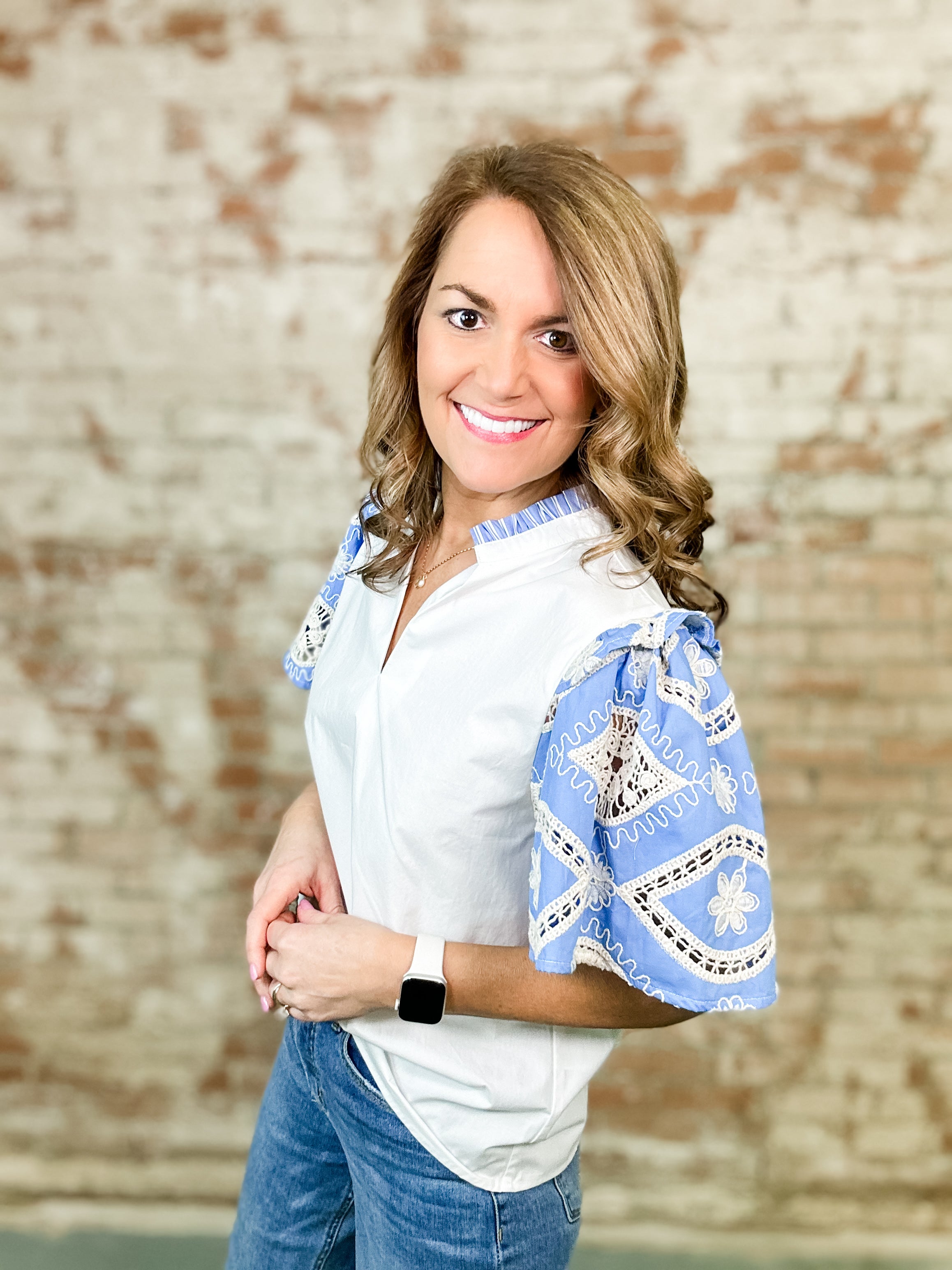 THML Debbie Embroidered Sleeve Poplin Top - FINAL SALE