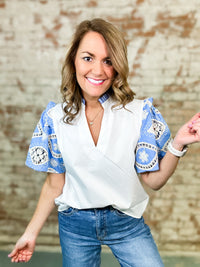 THML Debbie Embroidered Sleeve Poplin Top - FINAL SALE