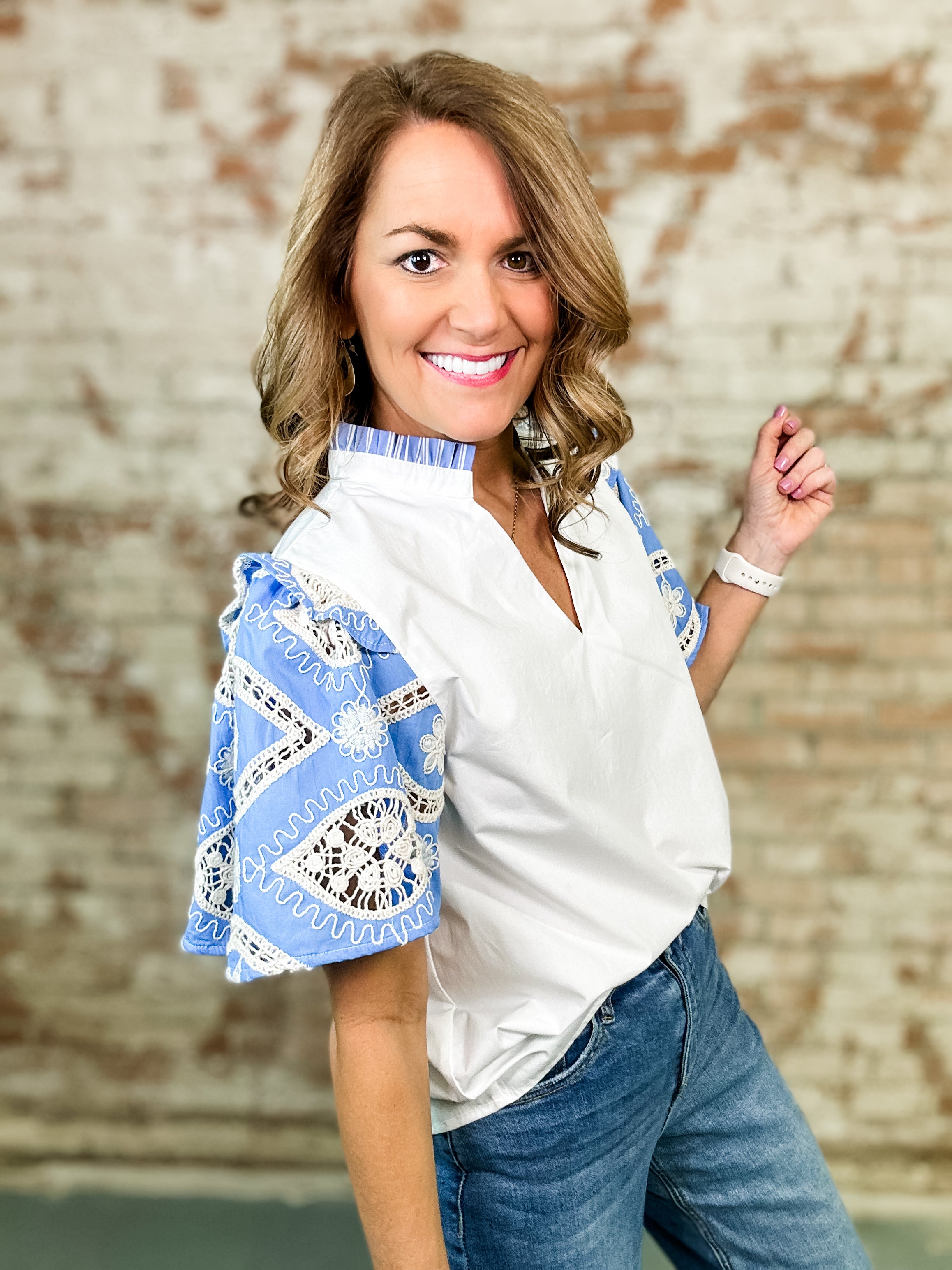 THML Debbie Embroidered Sleeve Poplin Top - FINAL SALE