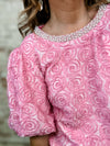 Kaylee Pearl Trim Pink Rosette Top