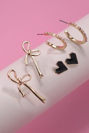 Stefani Heart + Bow + Hoop Earring Set