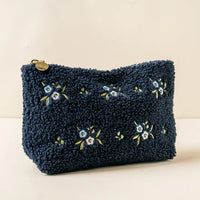 Navy Dainty Floral Embroidered Teddy Pouch