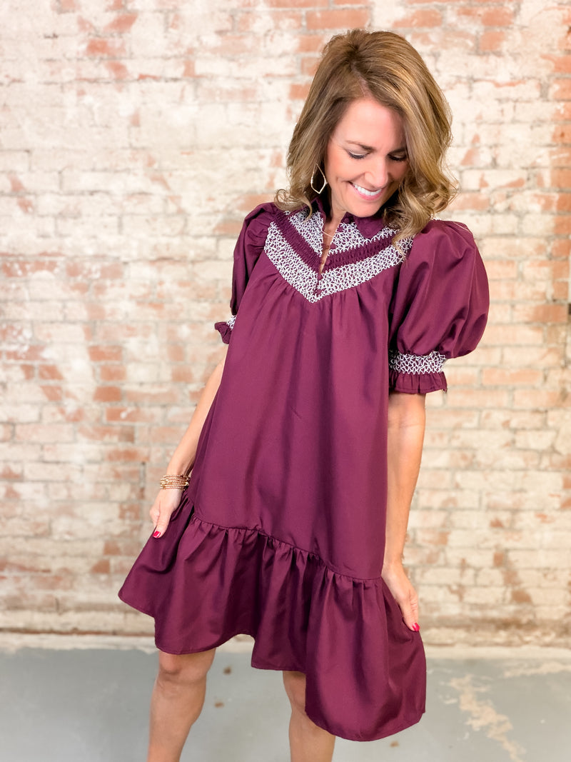 Dina Solid Embroidered Smock Dress