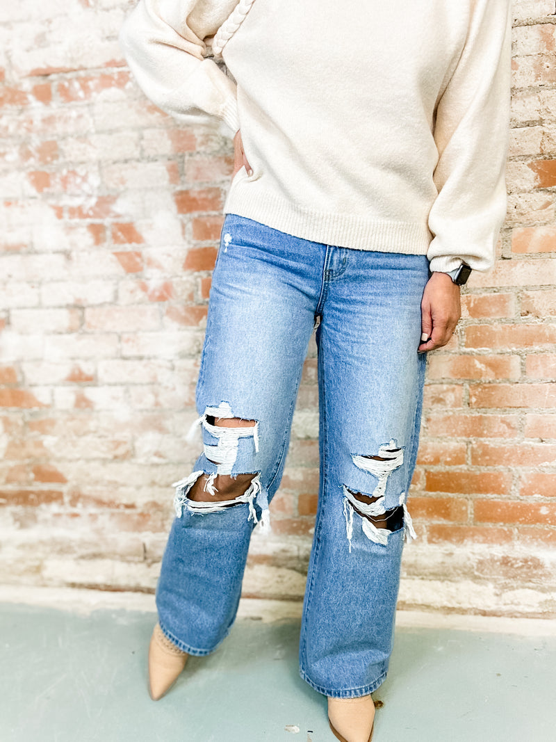 Hawkins High Rise Distressed Wide Leg Jeans