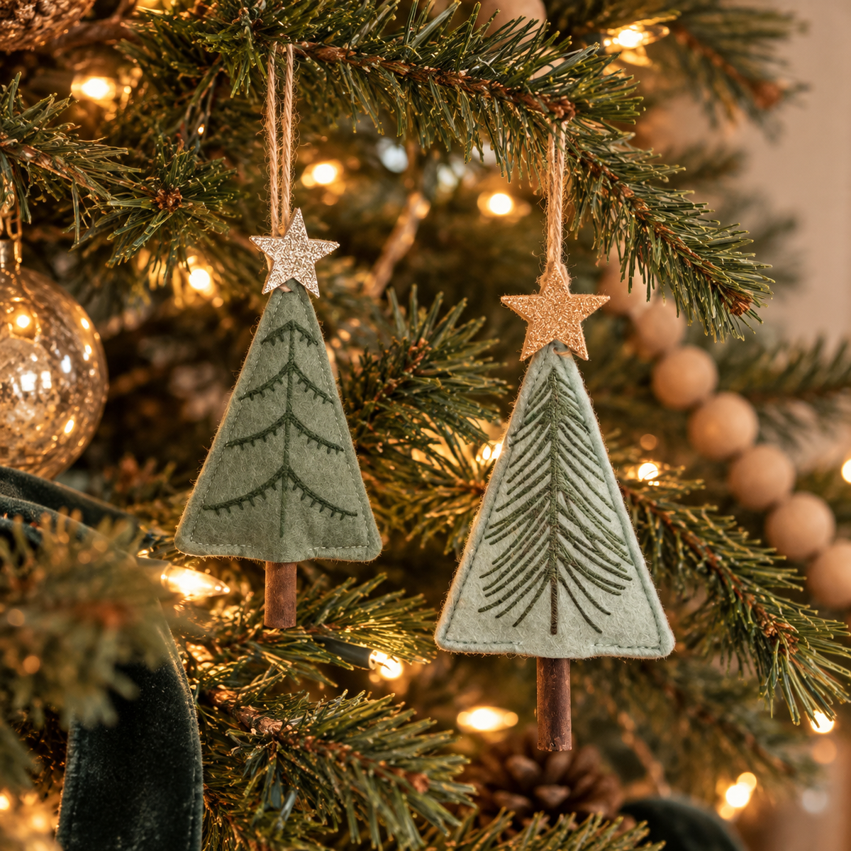 Felted Tree Christmas Ornaments Set of 2