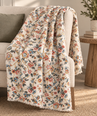Floral Print Cotton Throw w/Sherpa Back
