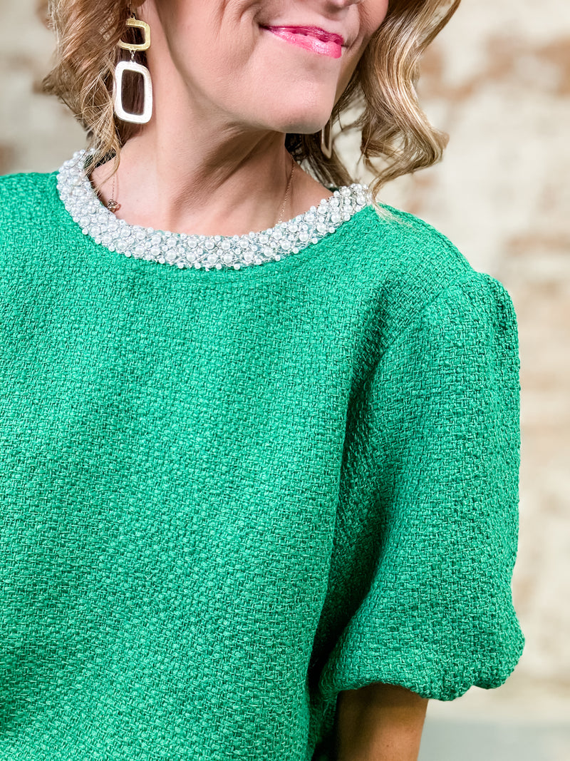 Tessa Pearl Trim Tweed Top