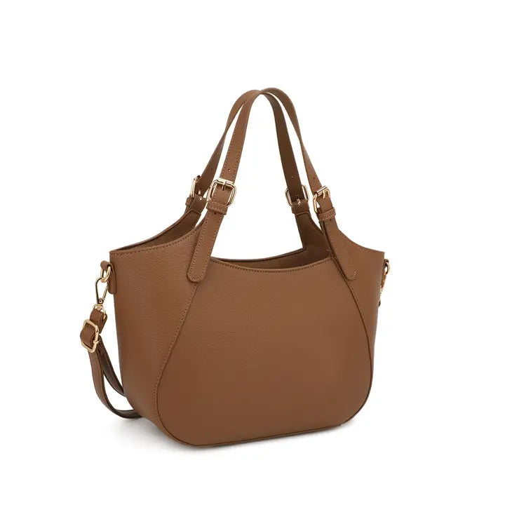 Mimi Earth Brown Satchel with Buckle Straps