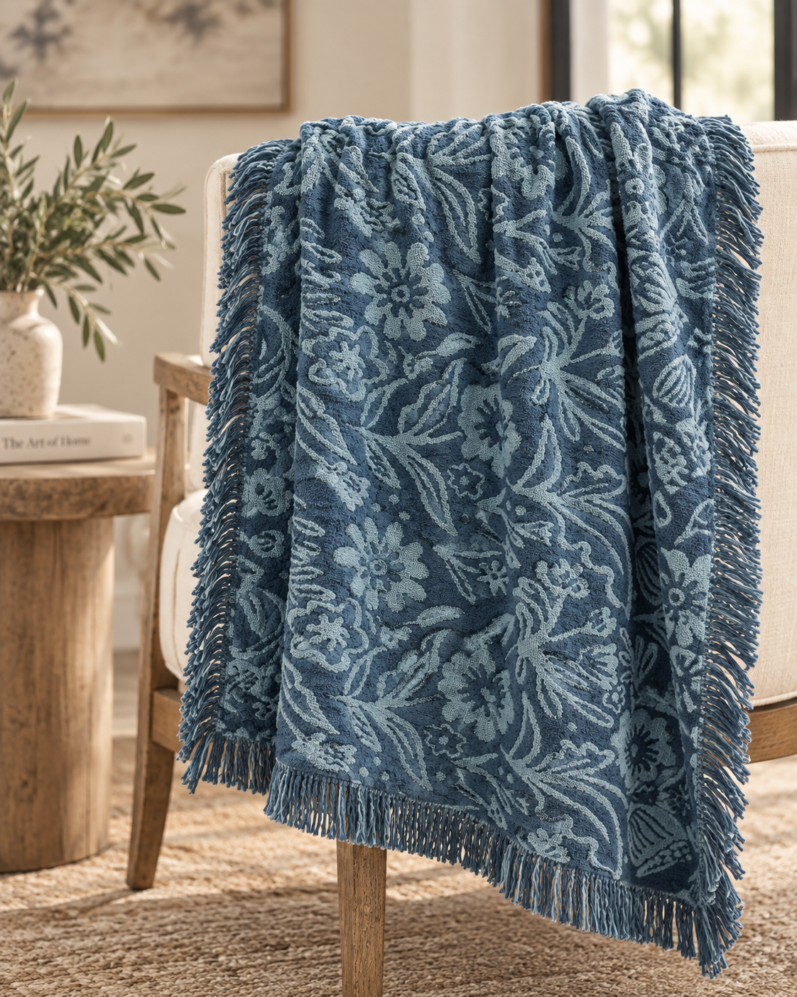 Blue Jacquard Floral Throw