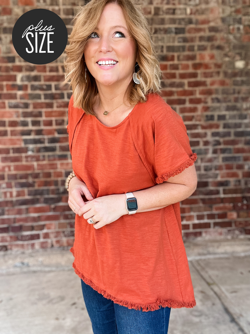 Curvy Short Sleeve Frayed Hem Top - FINAL SALE