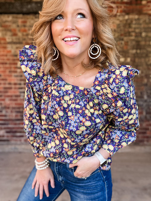 Purple Floral Square Neck Top
