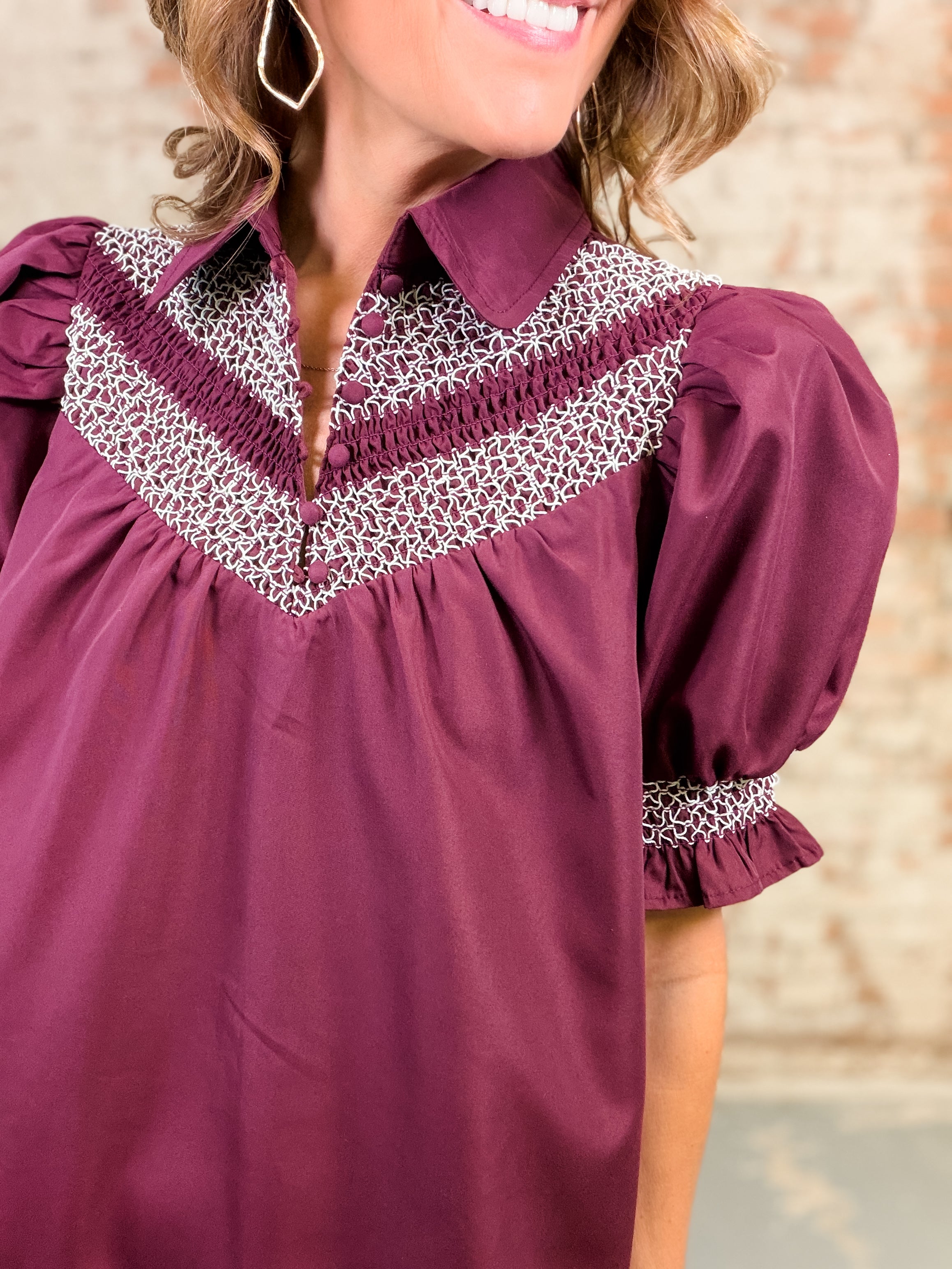 Dina Solid Embroidered Smock Dress