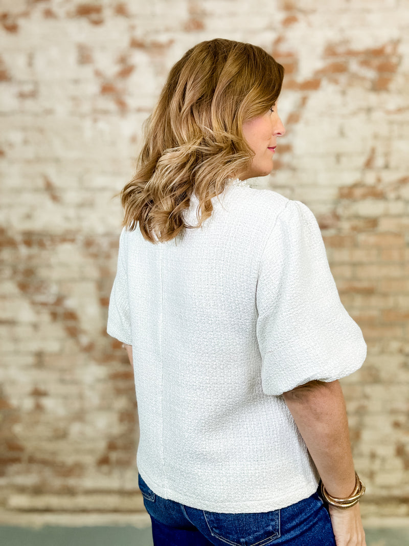 Evelyn Pearl Trim Cream Tweed Top