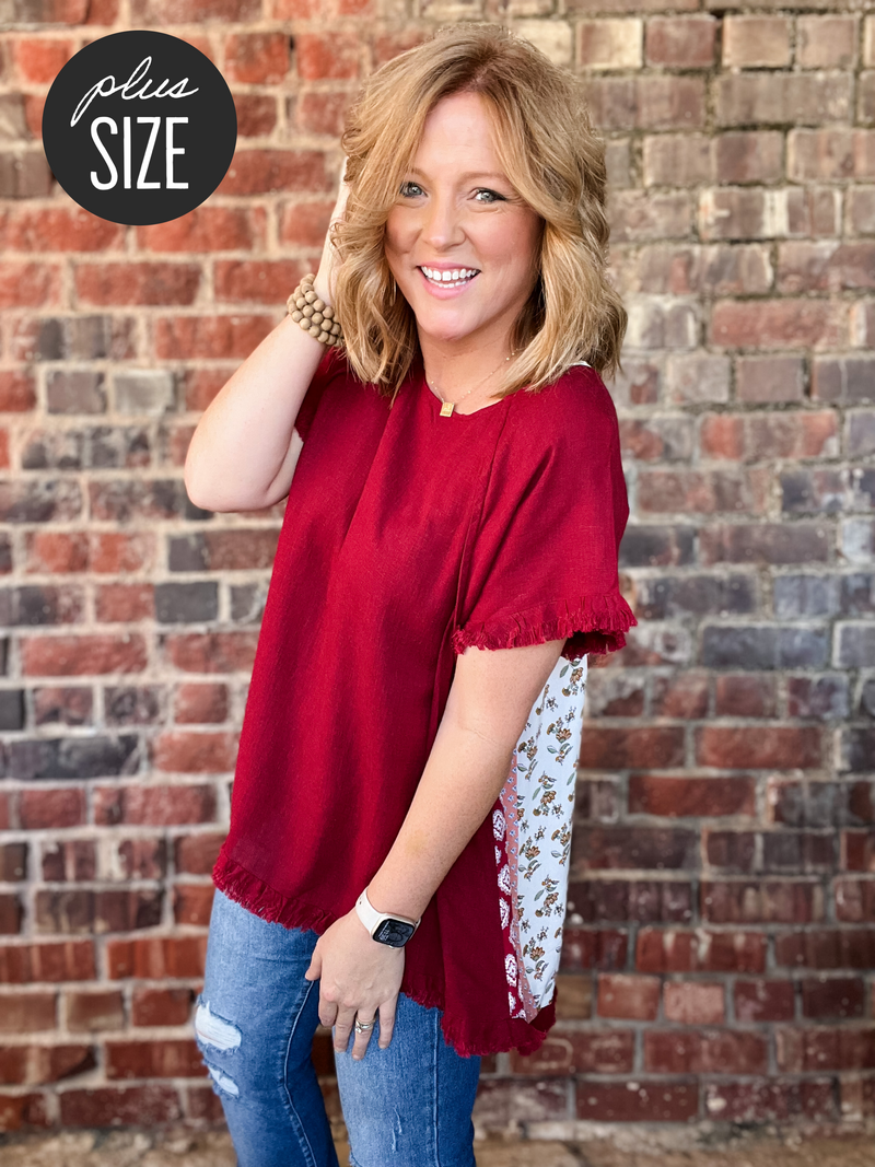 Curvy Linen Mixed Print Hem Top