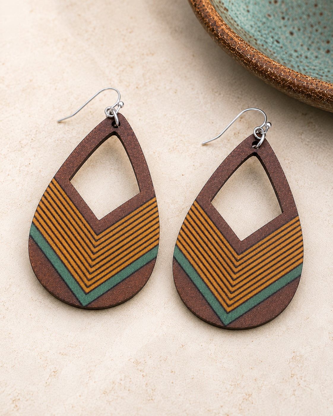 Malena Arrow Stripe Wood Teardrop Earrings