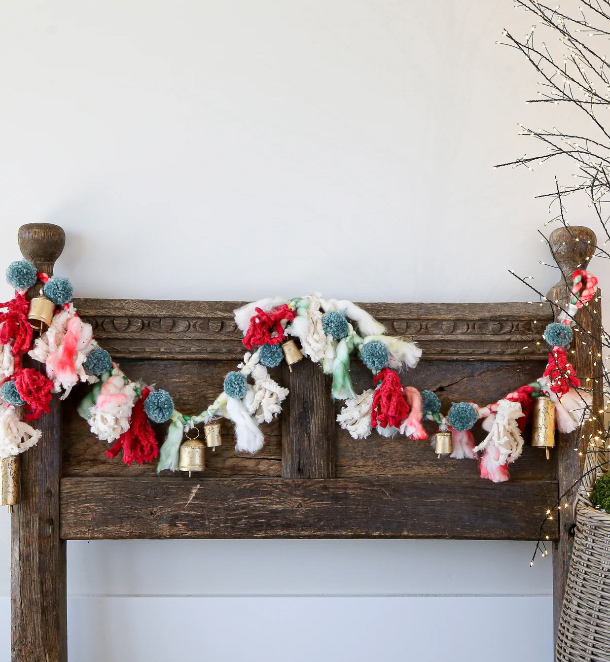 Handmade Wool & Cotton Blend Garland w/ Pom Poms & Metal Bells