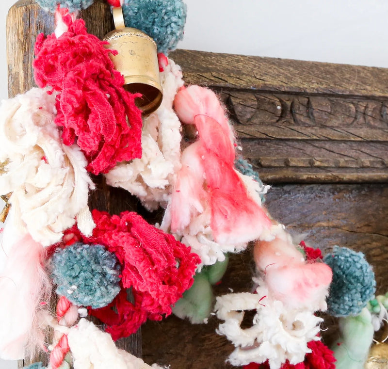 Handmade Wool & Cotton Blend Garland w/ Pom Poms & Metal Bells