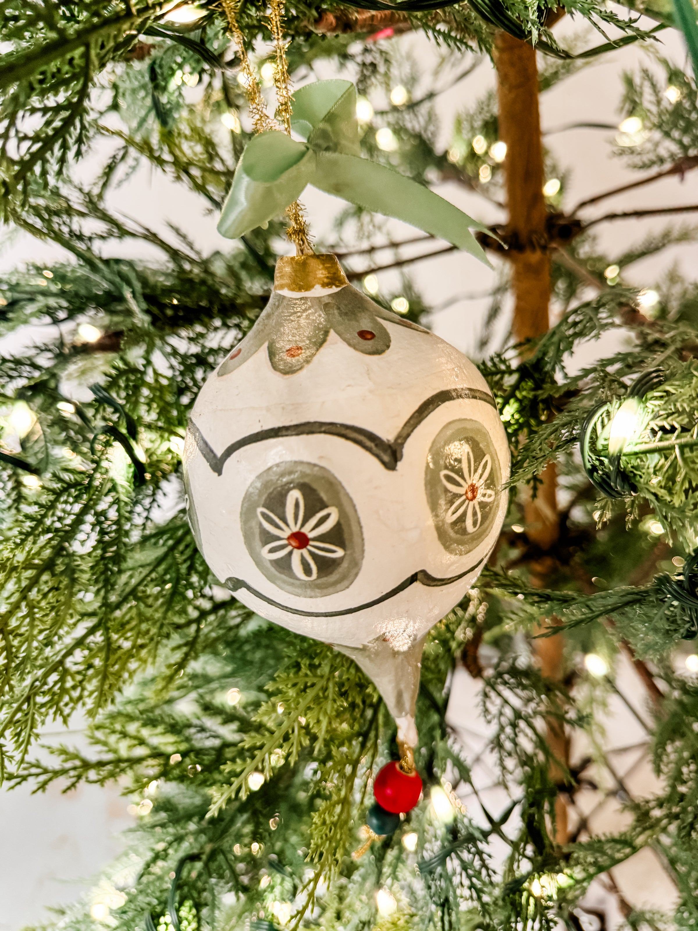 Hand-Painted Paper Mache Ornament with Bow