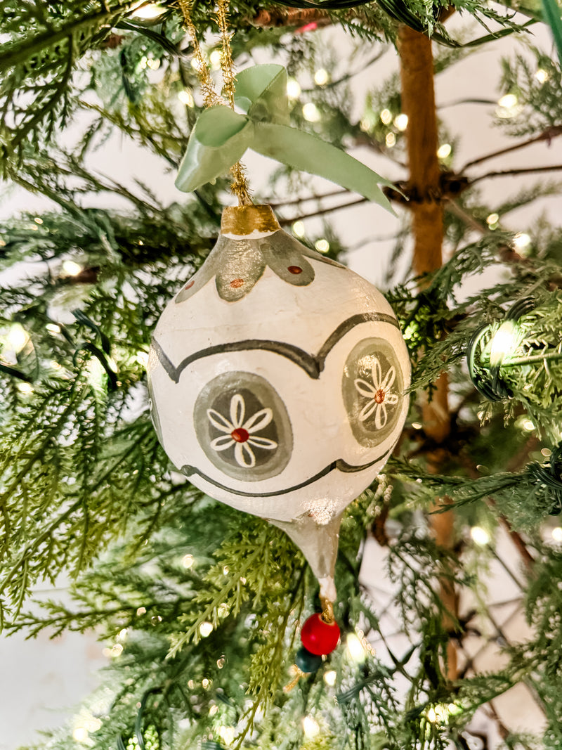 Hand-Painted Paper Mache Ornament with Bow