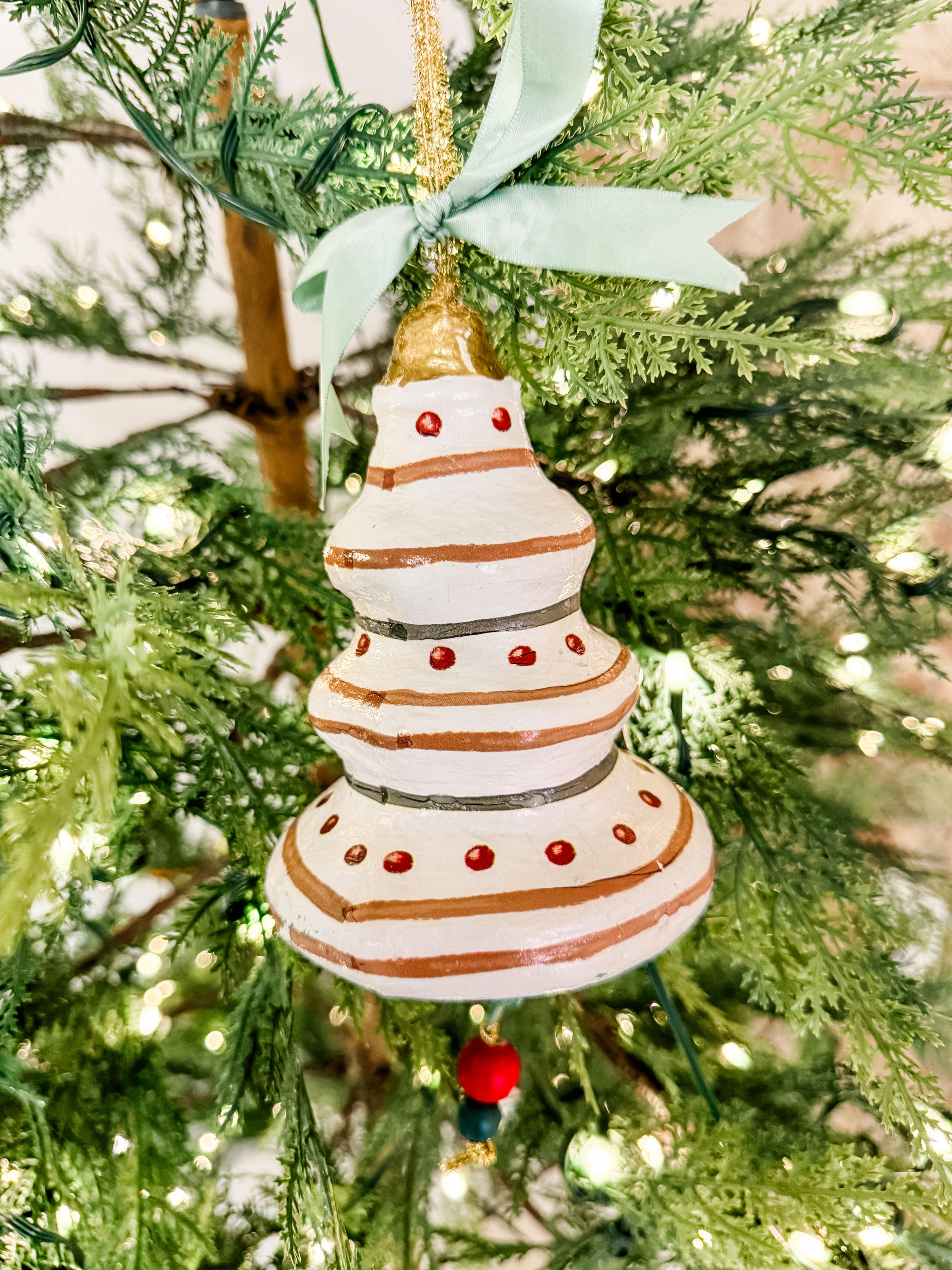 Hand-Painted Paper Mache Ornament with Bow