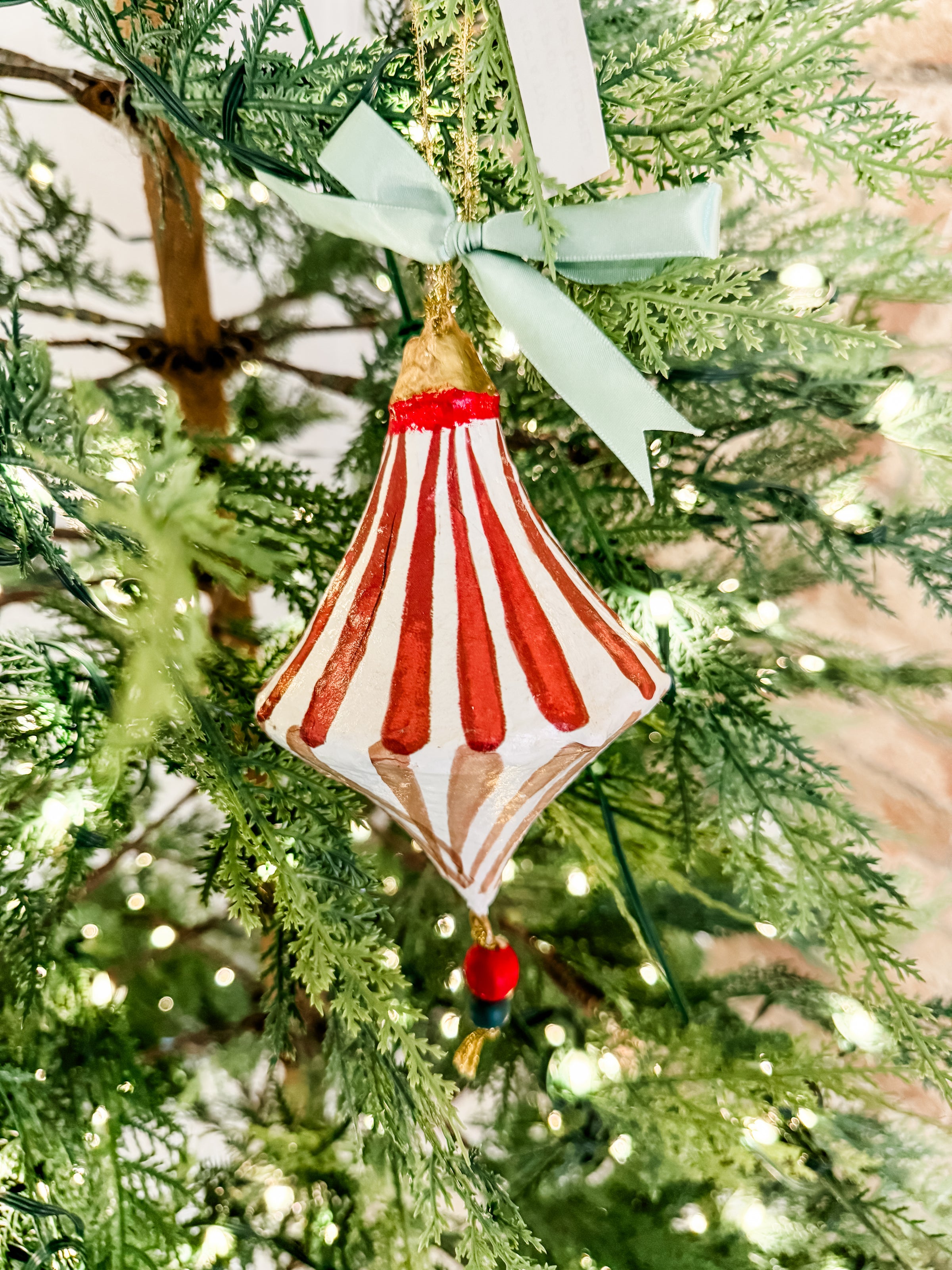 Hand-Painted Paper Mache Ornament with Bow