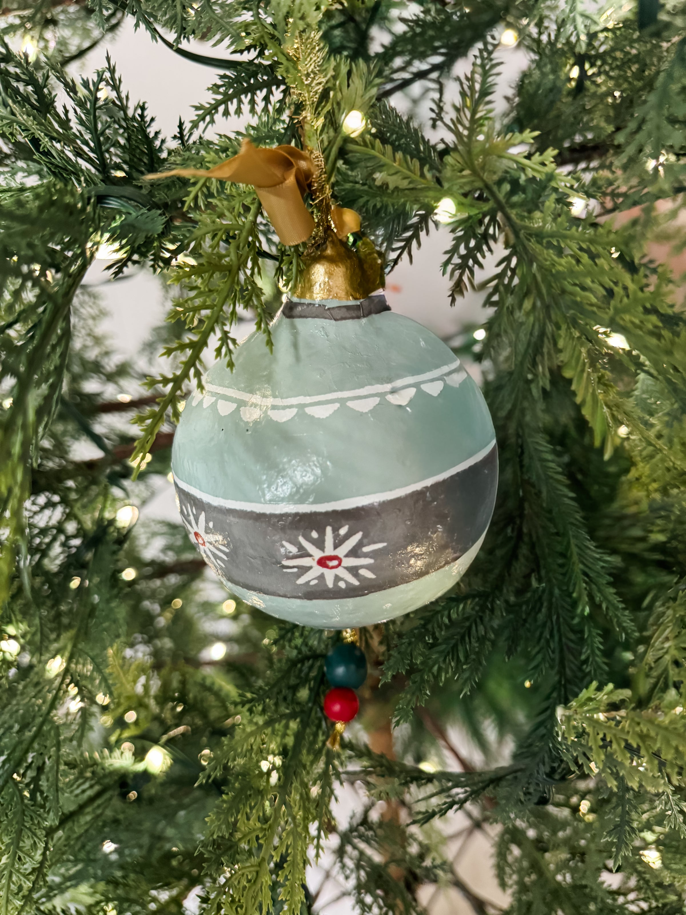 Hand-Painted Paper Mache Ornament with Bow