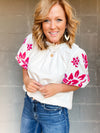 THML Pink Velvet Embroidered Sleeve Top