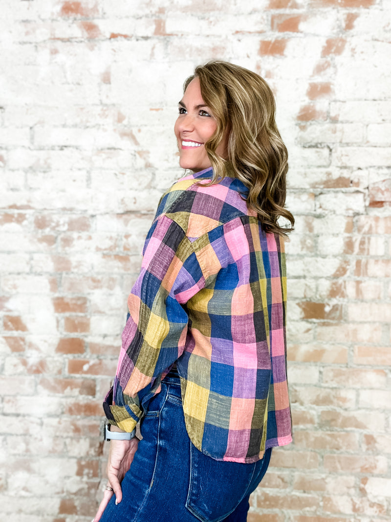 Margery Plaid Button Up Top