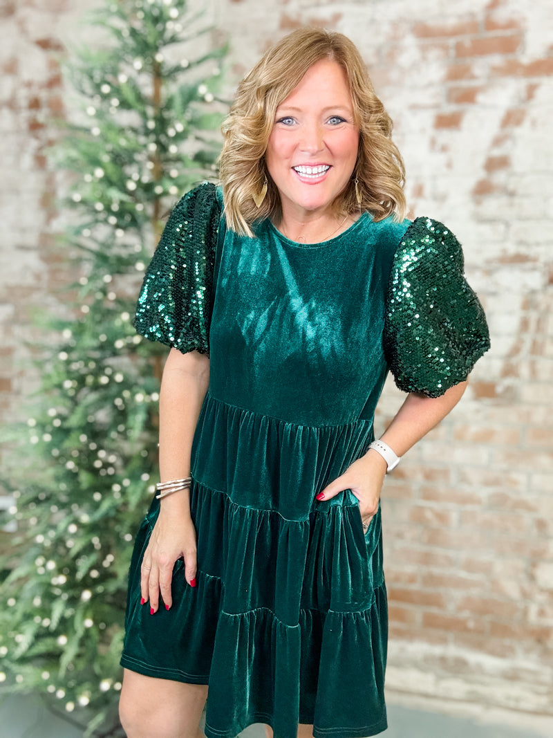 Rockin' Around the Christmas Tree Sequin Sleeve Velvet Dress - FINAL SALE