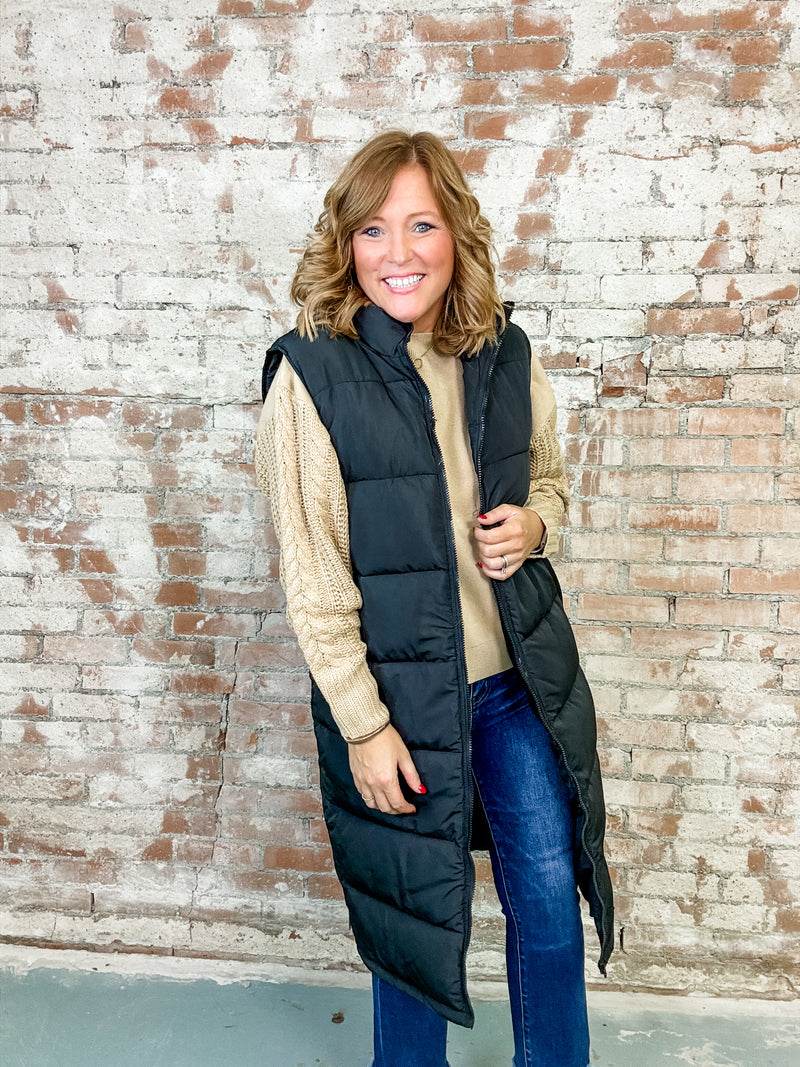 Bobbye Black Long Puffer Vest