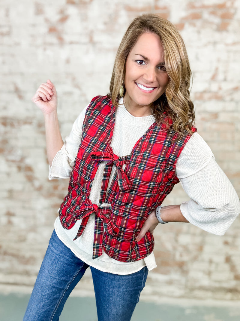 Jovie Red Tartan Plaid Bow Vest - FINAL SALE