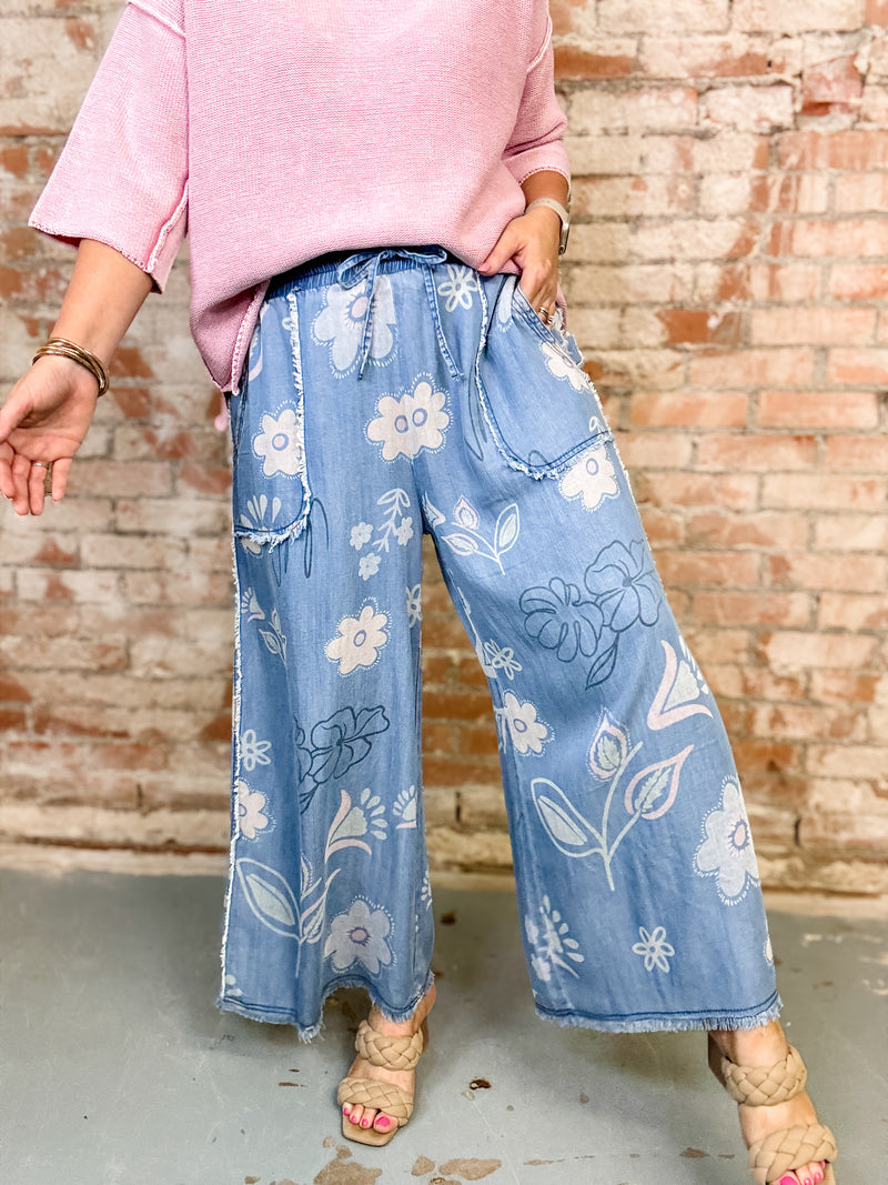 Kendie Floral Print Chambray Pants
