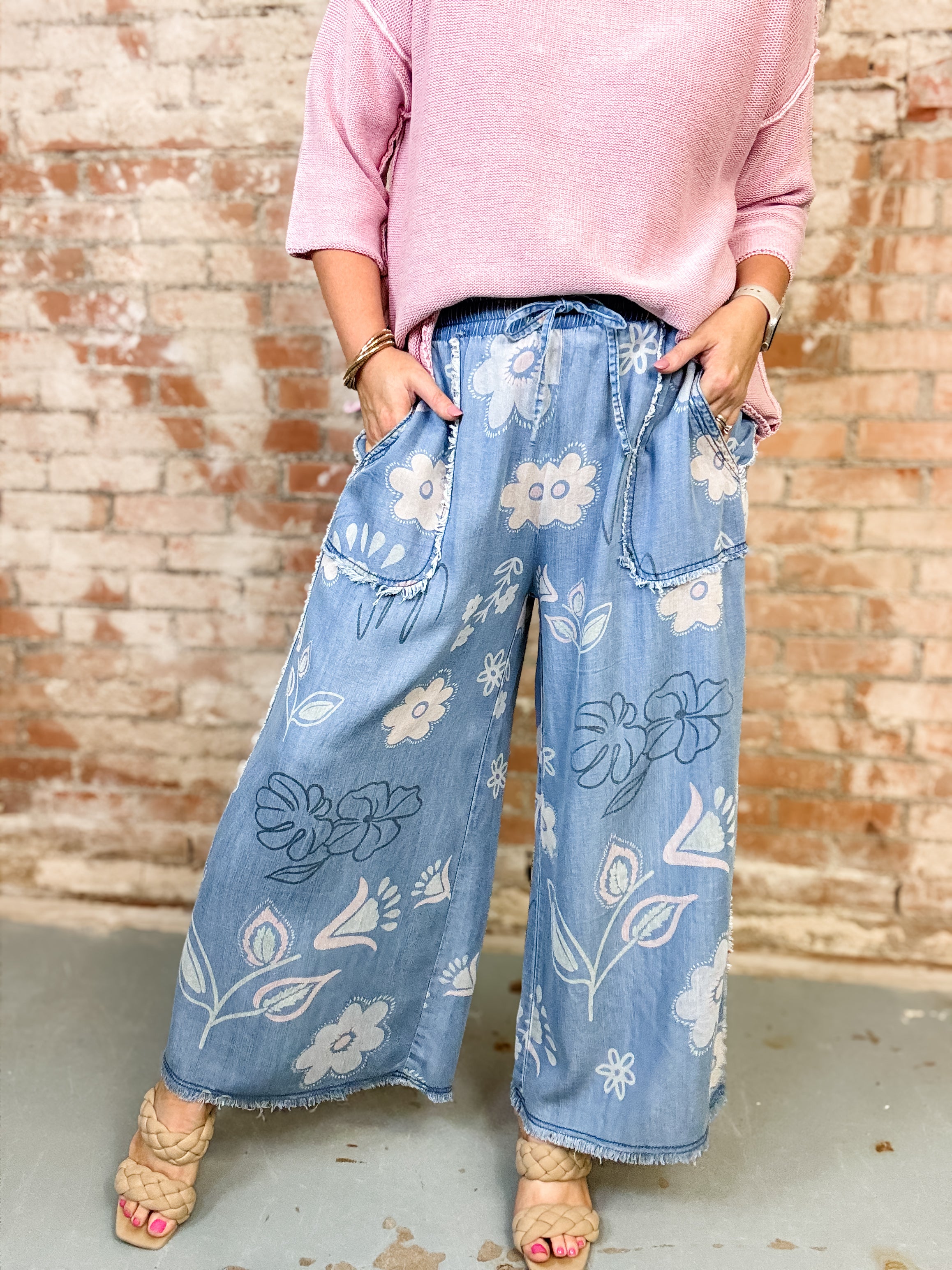 Kendie Floral Print Chambray Pants