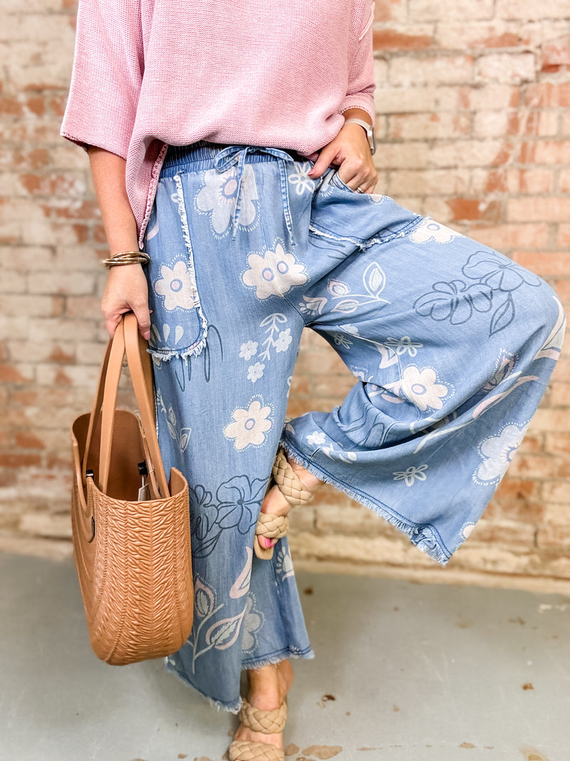 Kendie Floral Print Chambray Pants