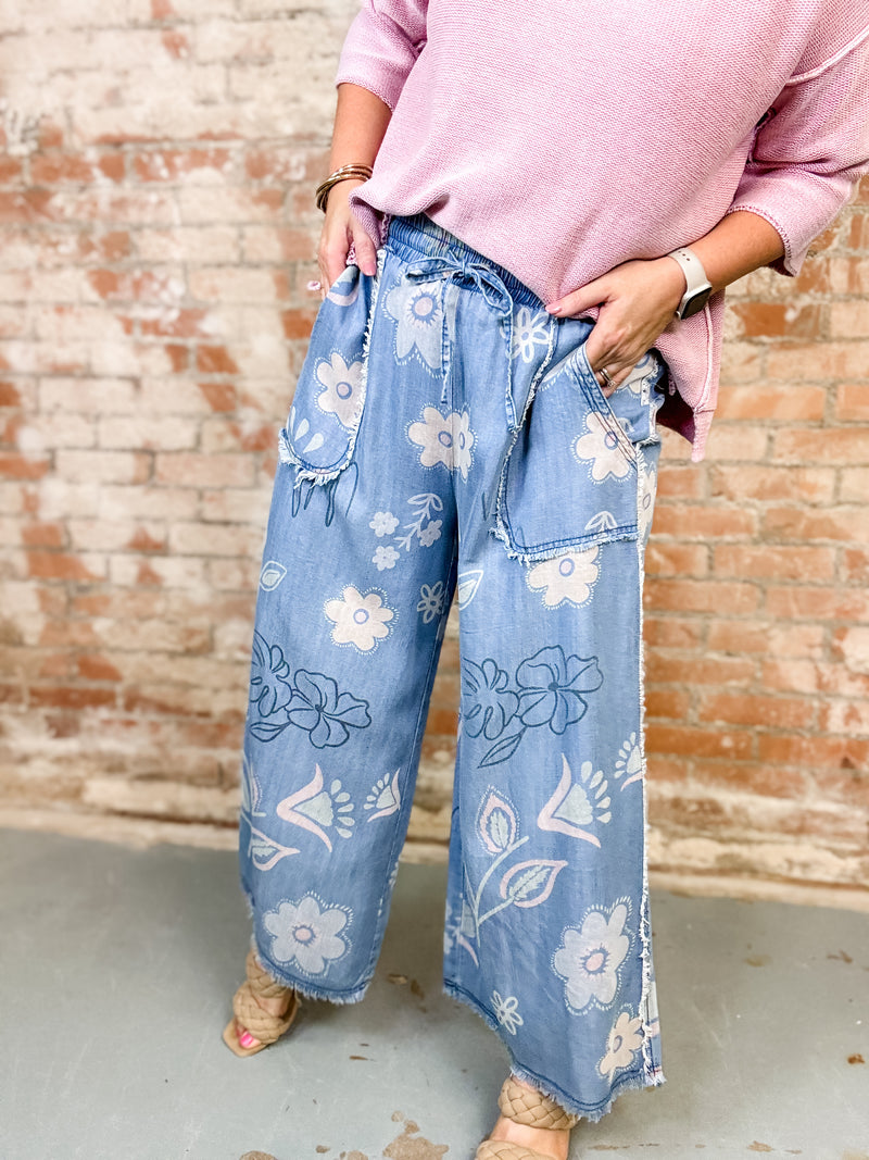 Kendie Floral Print Chambray Pants