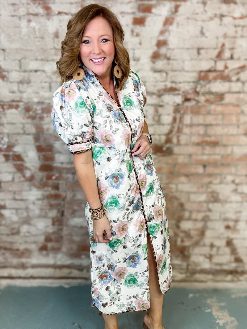 Constance Leopard Trim Floral Dress