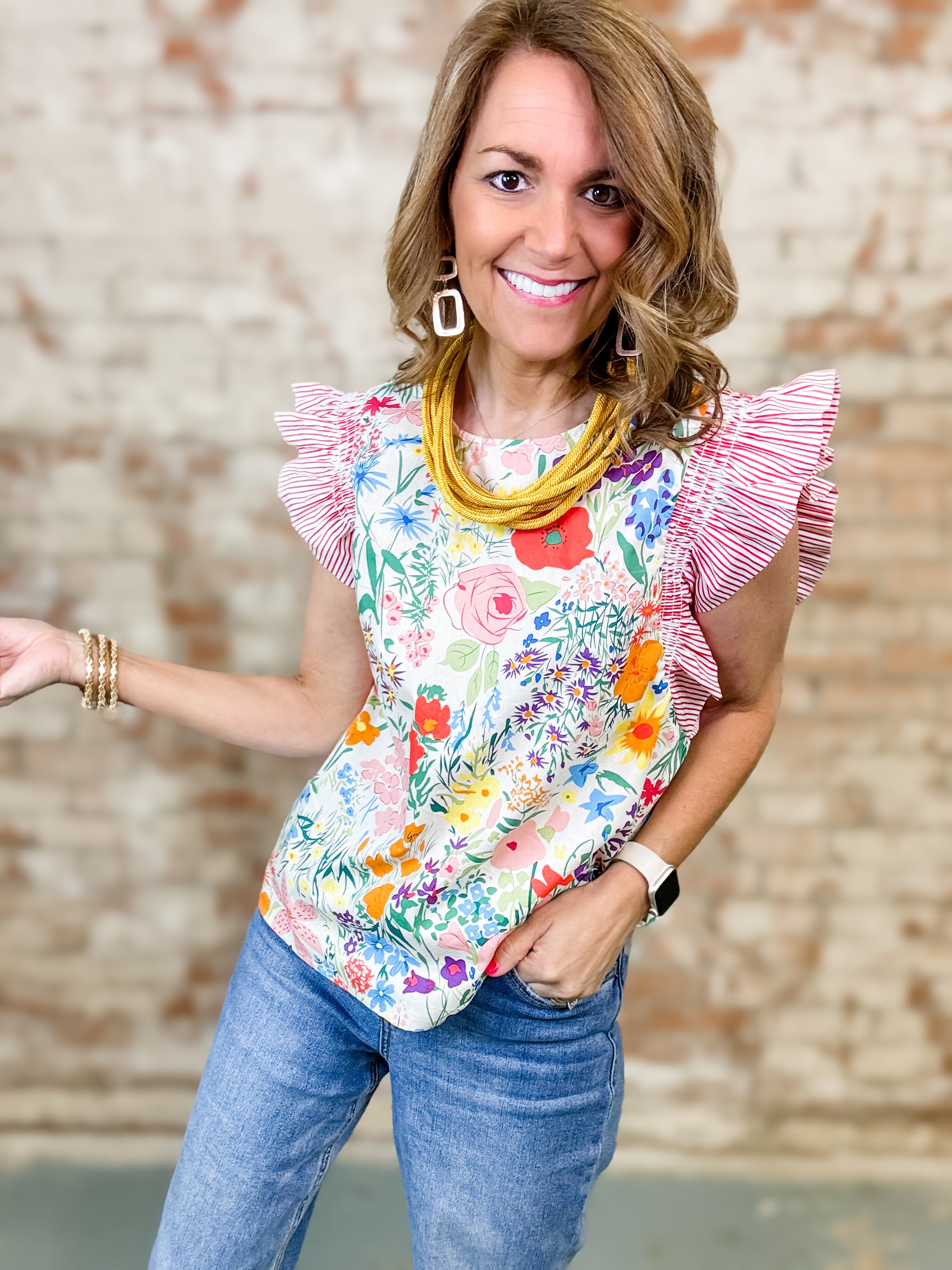 Martina Floral + Stripe Ruffly Top