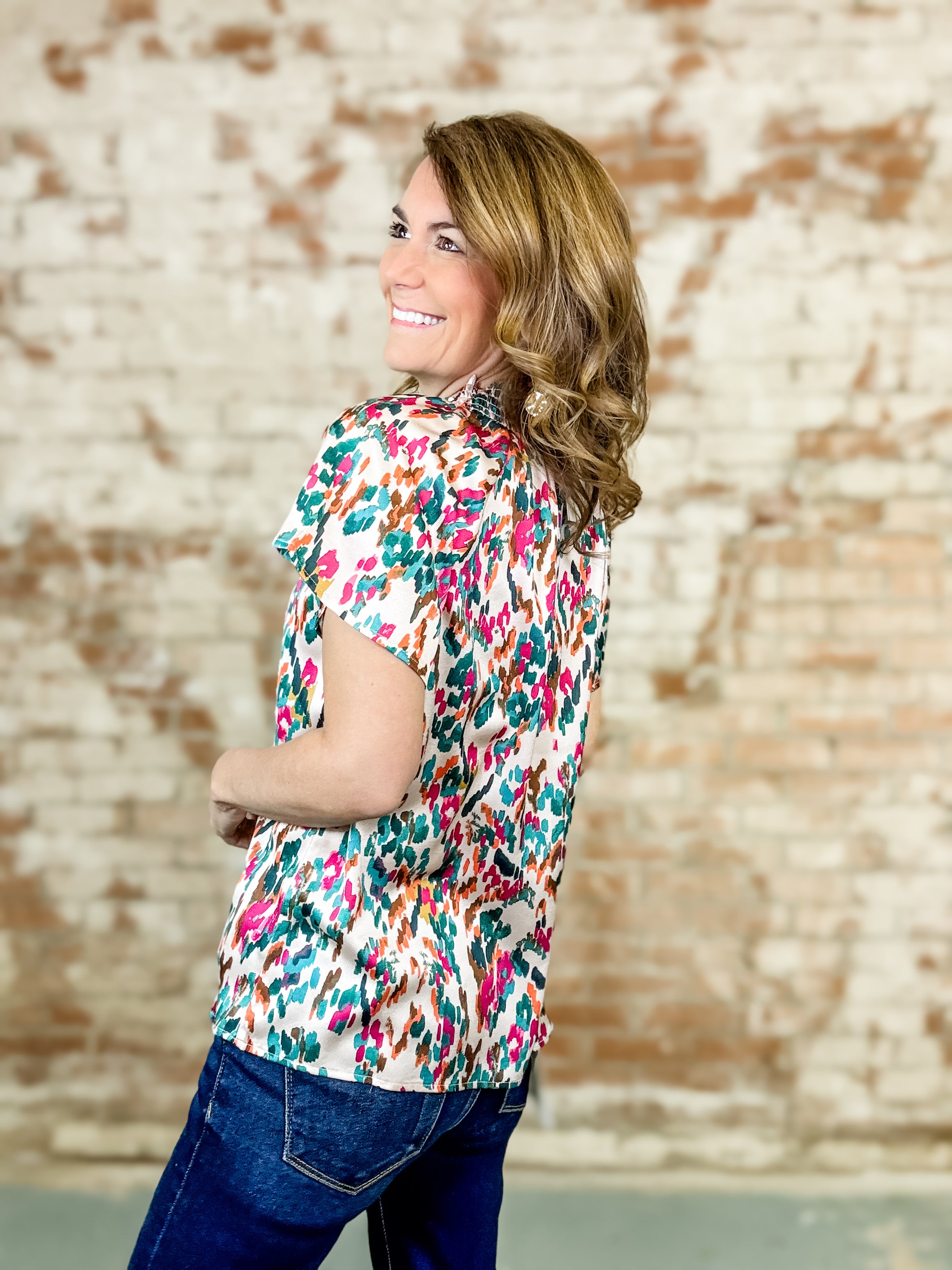 THML Jude Smocked Neck Print Top