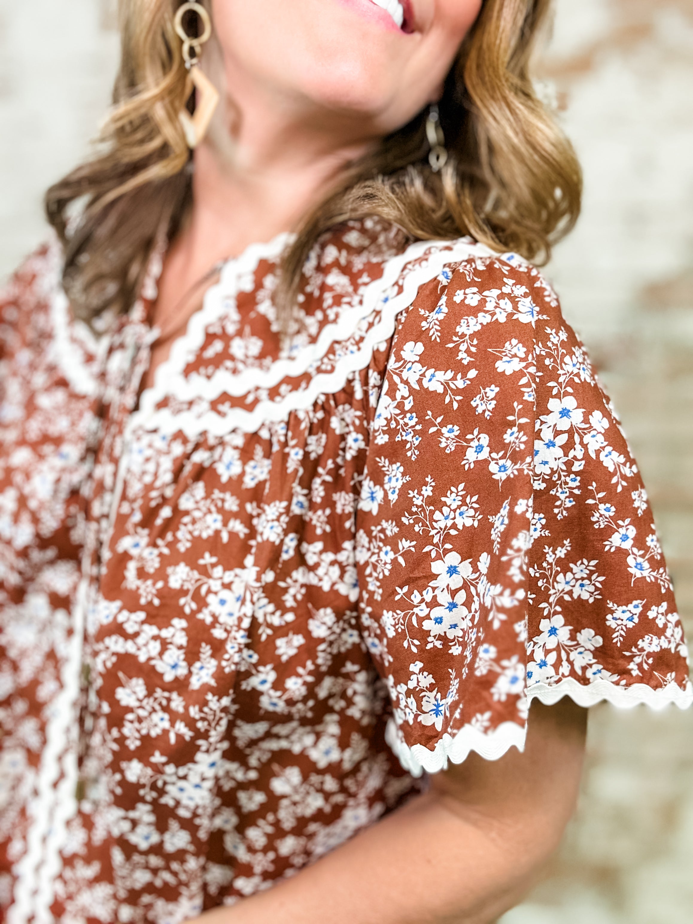 Sherrie Floral Print Ric Rac Trim Top - FINAL SALE