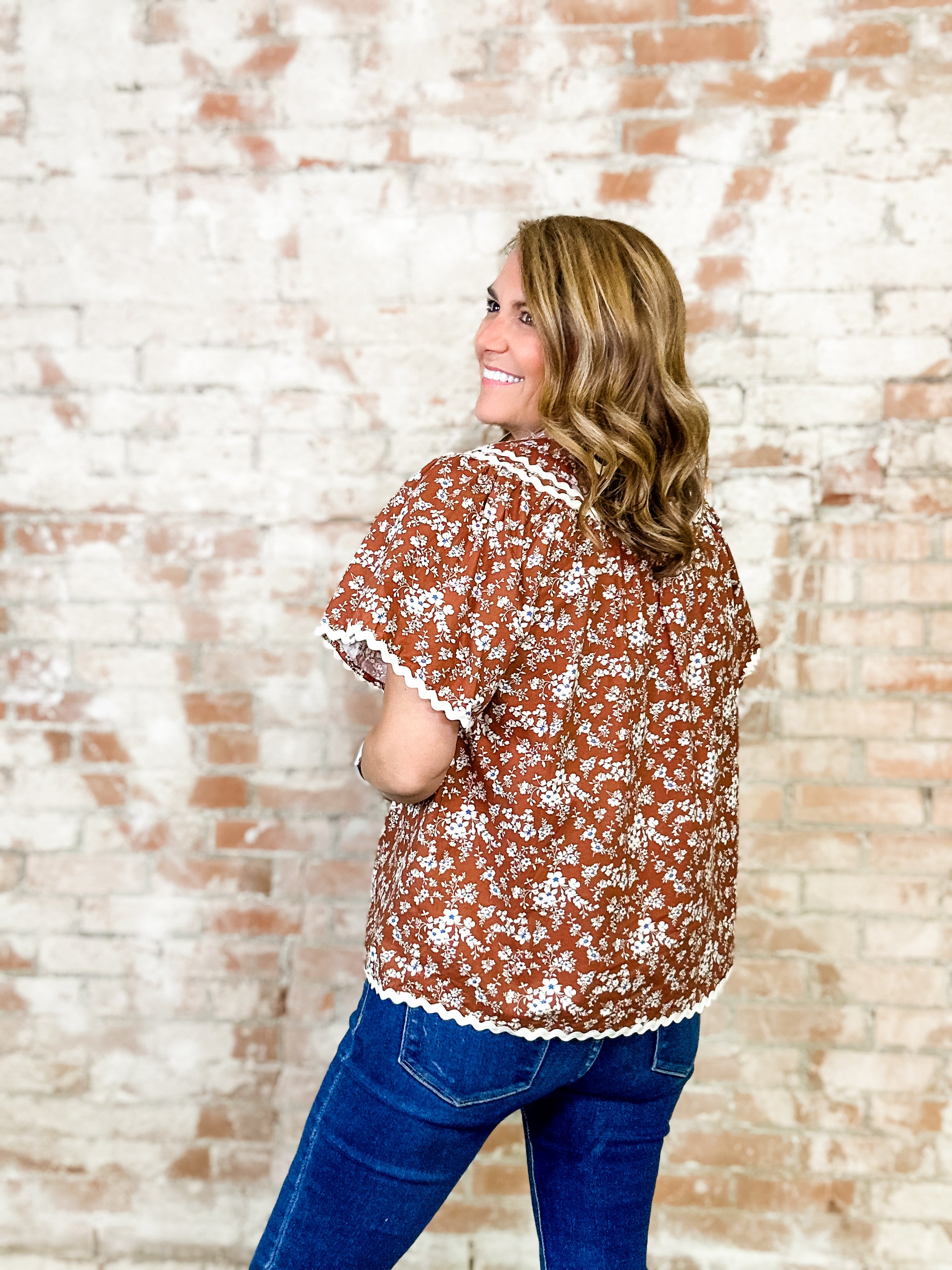 Sherrie Floral Print Ric Rac Trim Top - FINAL SALE