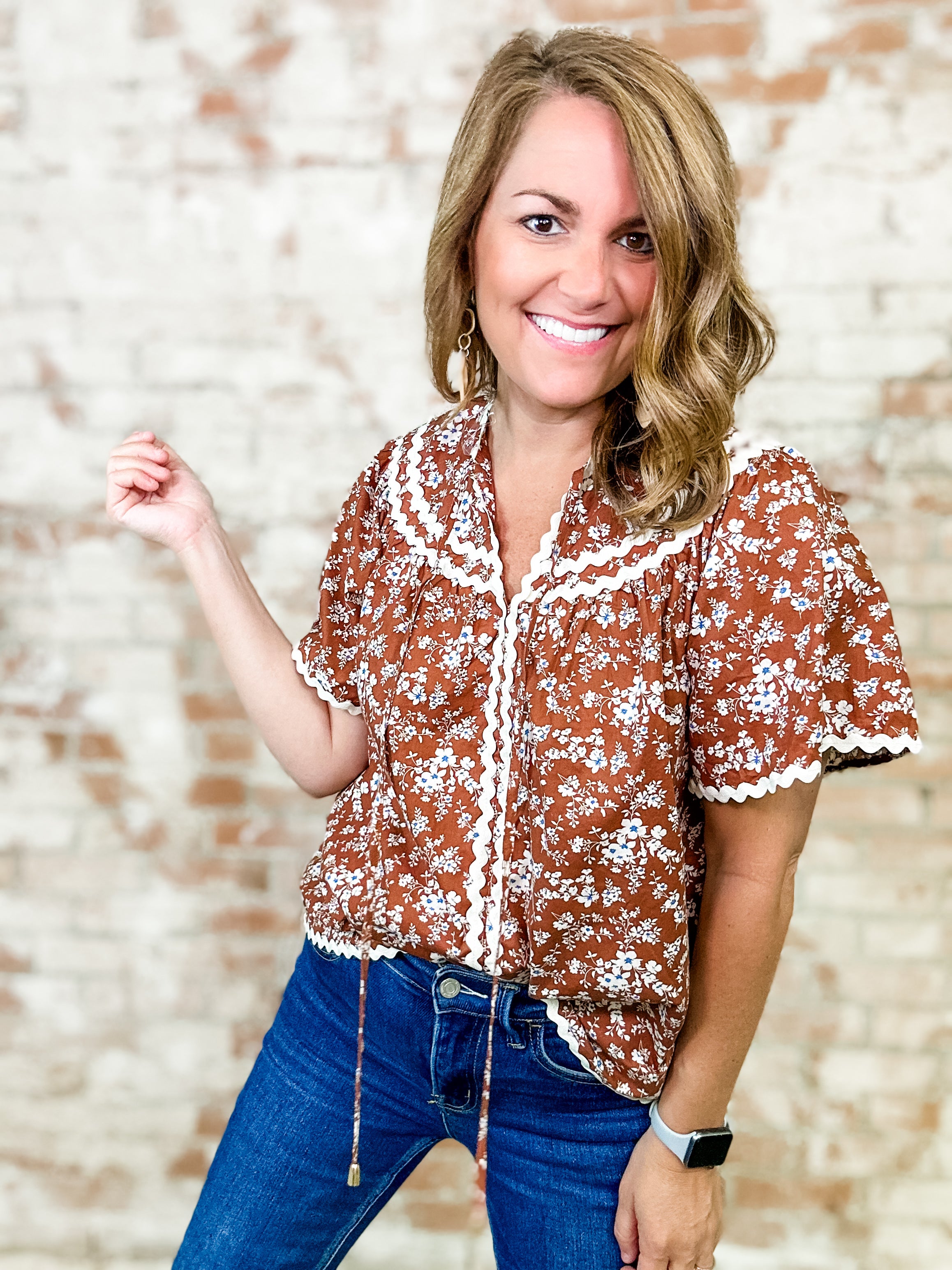 Sherrie Floral Print Ric Rac Trim Top - FINAL SALE