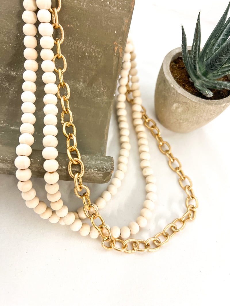 Layered Wood Bead & Chain Necklace