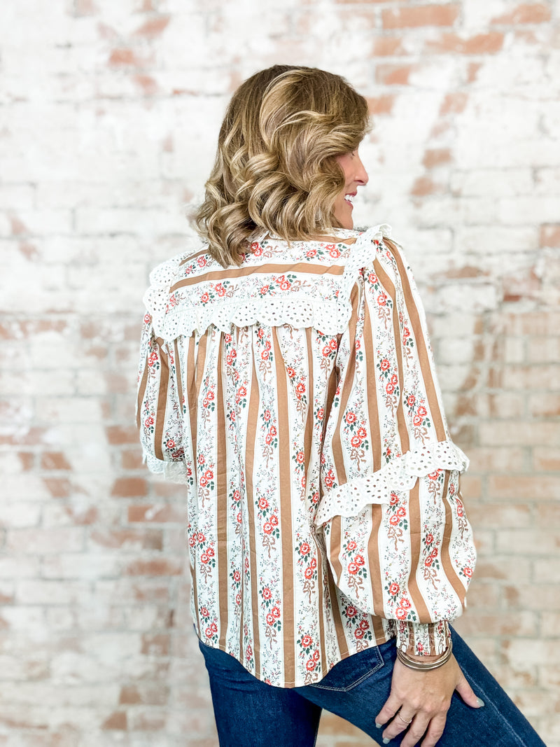 Gloria Crochet Detail Stripe + Floral Top