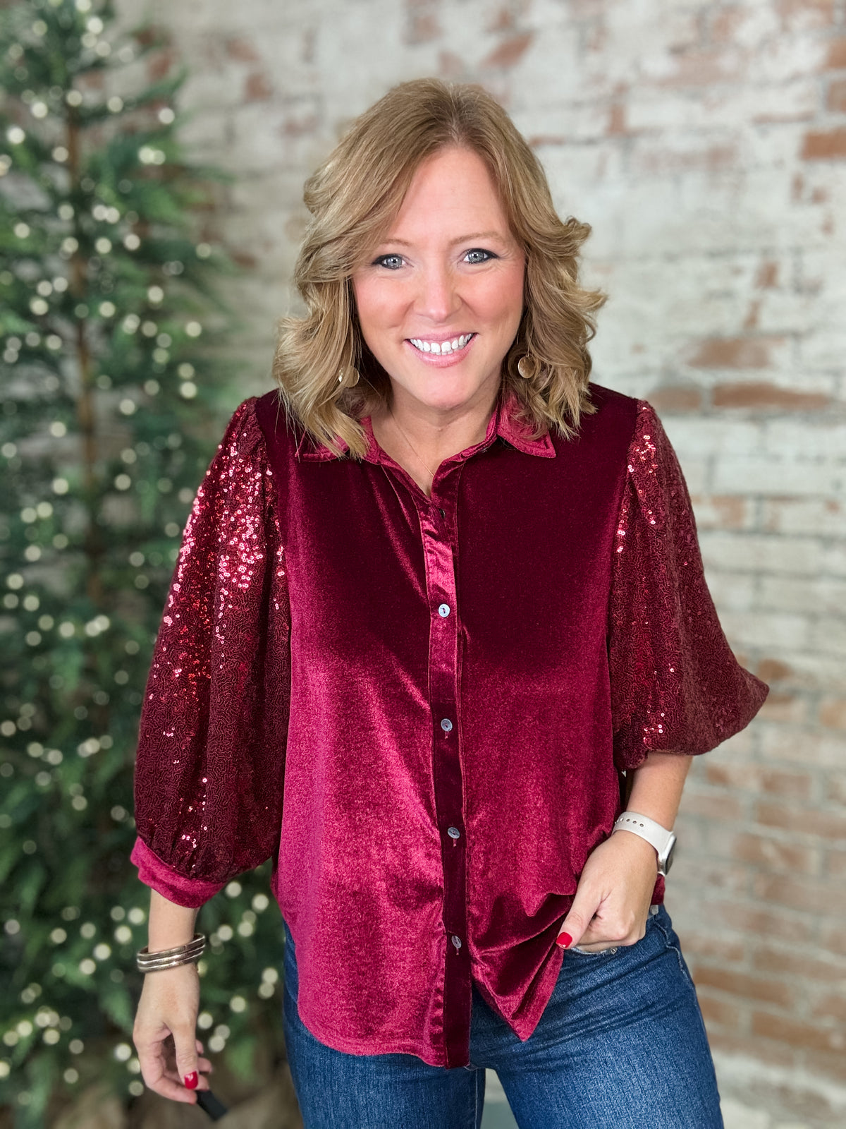 Misty Sequin Sleeve Button Up Top