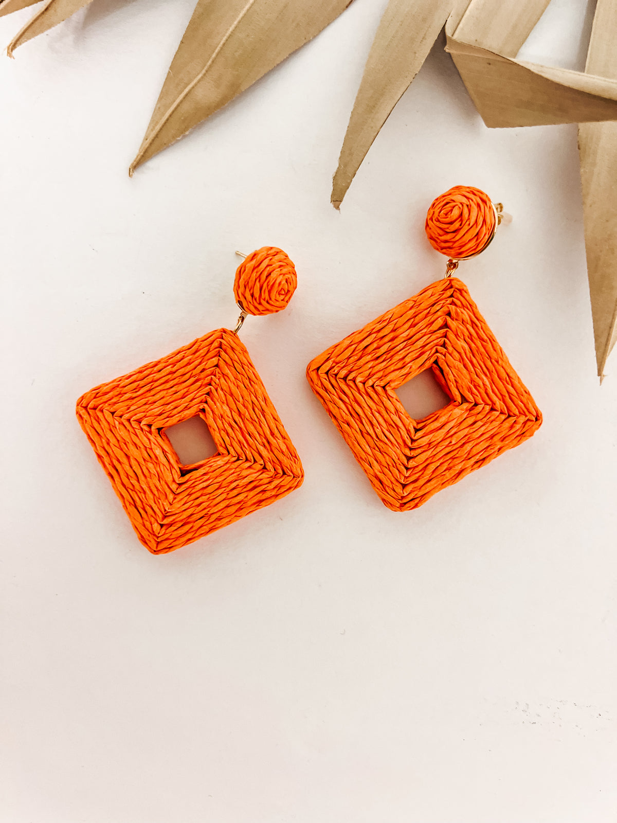 Orange Raffia Square Earring