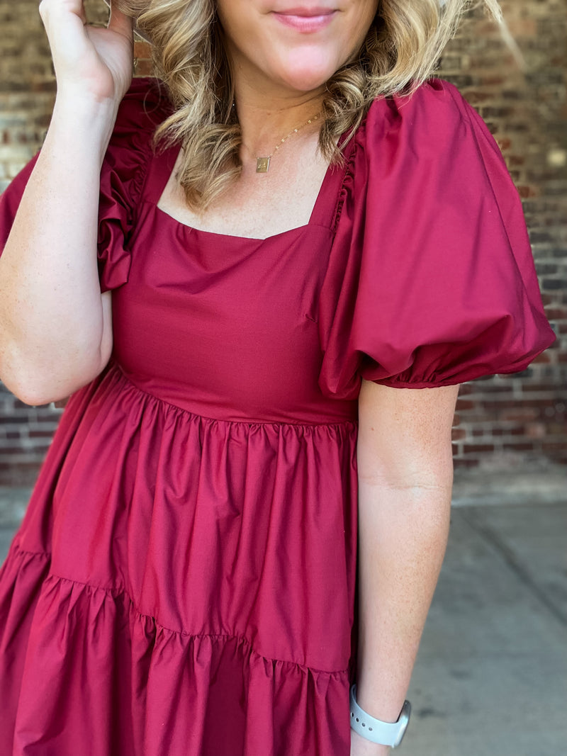 Burgundy Square Neck Midi Dress