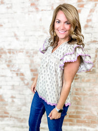 Shelli Flower Print Ric Rac Trim Top